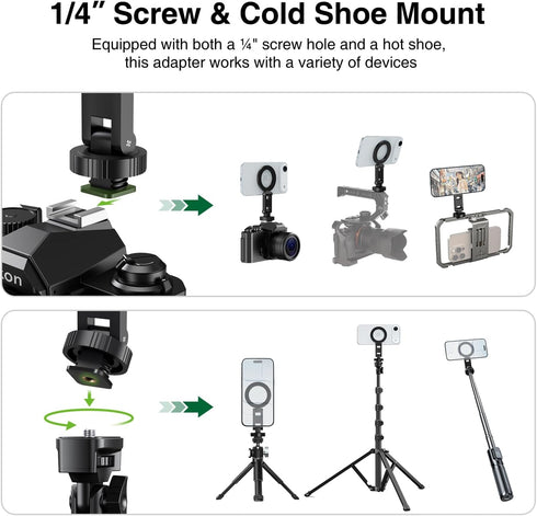 1/4 17 16 15 14 13 elitehood Magsafe Tripod Mount Adapter with Screw & Hot Shoe, Lightweight Compact Cell Phone Tripod