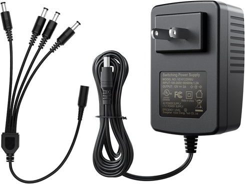 ZOSI 12V 2A 100V-240V US AC to DC Power Supply Adapter & 4-Way Splitter Cable for CCTV Home Security Camera