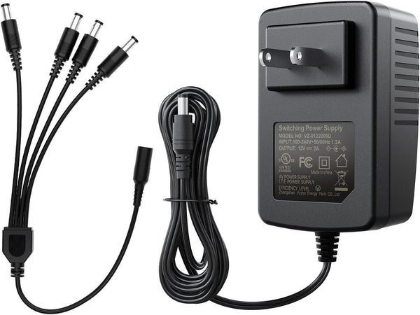 ZOSI 12V 2A 100V-240V US AC to DC Power Supply Adapter & 4-Way Splitter Cable for CCTV Home Security Camera