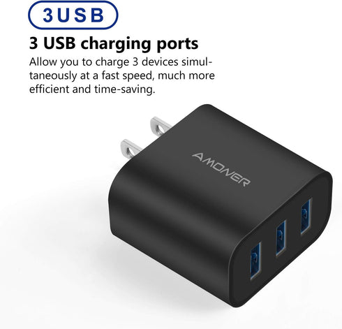 Amoner Wall Charger - Upgraded 2Pack 15W 3-Port USB Plug Cube for iPhone and Galaxy Devices