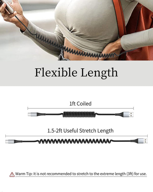 Coiled USB C Cable, 2 Pack USB to USB C Coiled Cable for Car, Short USB C Retractable Cable for iPhone 15 Pro Max