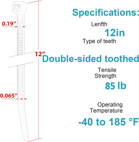 12 Inch 1000 Pack),85 LBS Zip Ties Double Sided Toothed (Bulk Tensile Strength Heavy Duty Cable Wire Ties