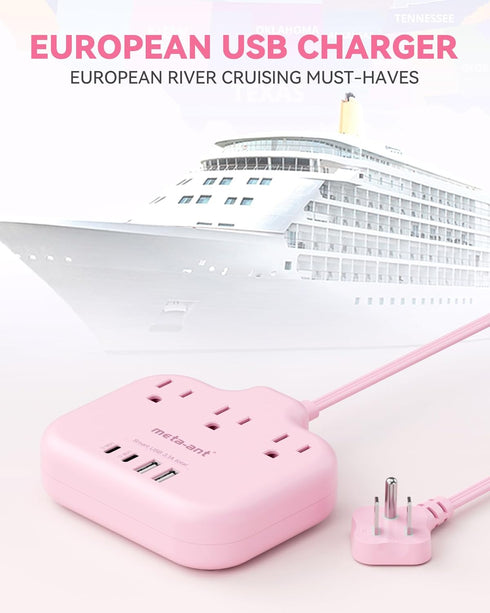 meta-ant 3 4 (2 1625W Pink Extension Cord with AC Outlets & USB Ports USB-C), Pink Desk Accessories, Cute Extension
