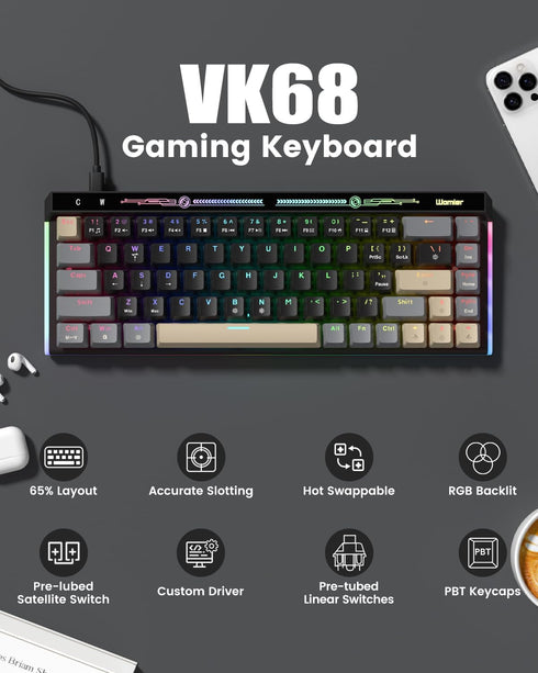 Typehaven VK68 65% 68 Gaming Keyboard, Wired Backlit Mini Keyboard, Ultra-Compact Anti-Ghosting No-Conflict Keys Gaming