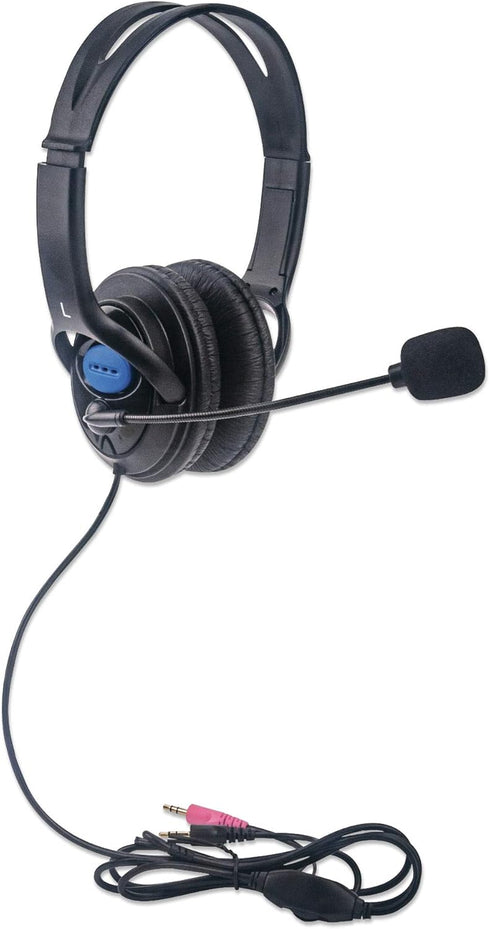 Manhattan Lightweight Over-Ear Stereo Headset, 6 ft. Cable, Two 3.5 mm Plugs, Adjustable Microphone