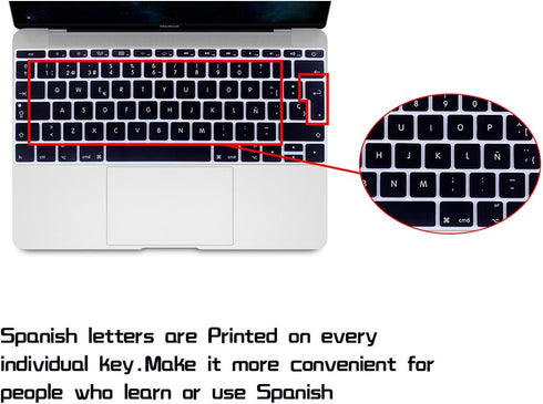 HRH Spanish Language Silicone ESP Keyboard Cover Skin for MacBook Pro 13"A1708 A1988 No Touch Bar (2018 2017 2016)&for MacBook 12"A1534 with Retina Display(2015)&A1931(2018)EU Keyboard Protector-Black