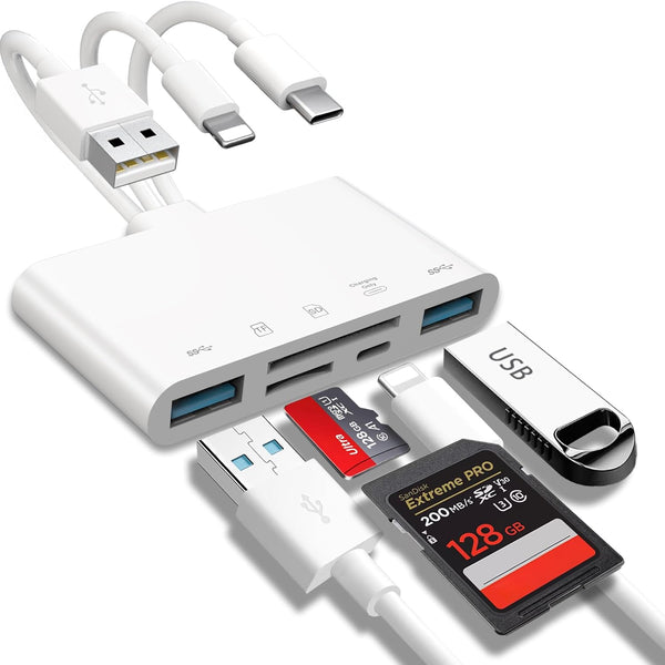 5-in-1 Memory Card Reader USB OTG Adapter & SD Card Reader for iPhone/iPad, USB C and USB A Devices
