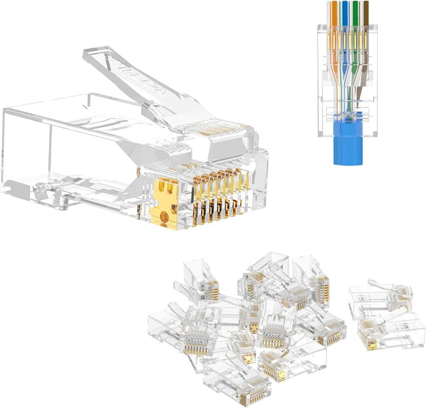 VCE 50-Pack RJ45 Cat6 Pass Through Connectors, Gold Plated Cat 6/Cat 5e RJ45 Ends for Solid or Stranded UTP Network