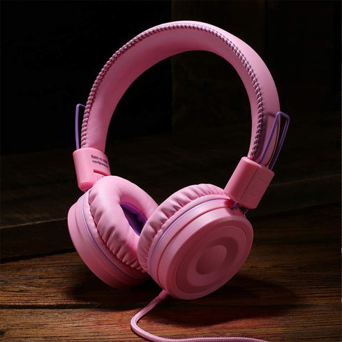 POWMEE M1 Kids Headphones, Foldable Adjustable Stereo Tangle-Free, 3.5MM Jack for Children, Pink