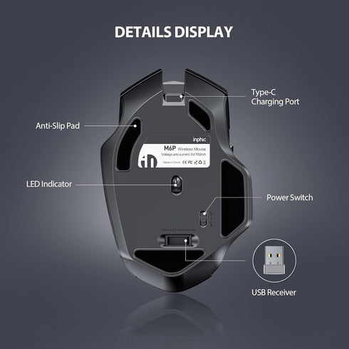 INPHIC Wireless Mouse, Upgraded Battery Level Visible, Large Ergonomic Rechargeable 2.4G Optical PC Laptop Cordless