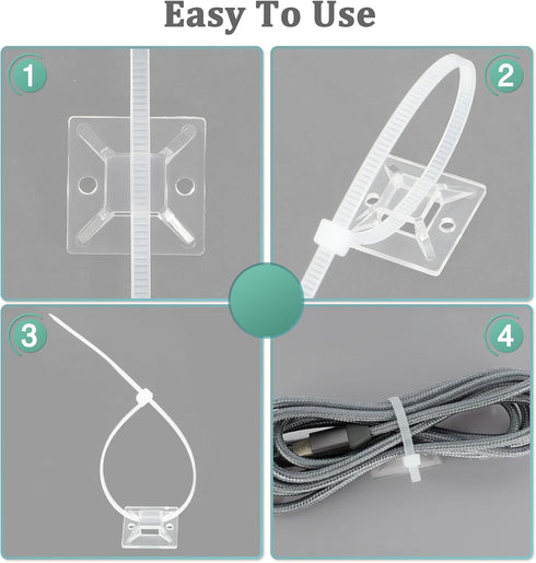 240Pcs Clear Cable Ties Mounts, 120Pcs 5.9'' Heavy Duty Zip Ties + 120Pcs 3/4" Adhesive Holders for Cord Organizer