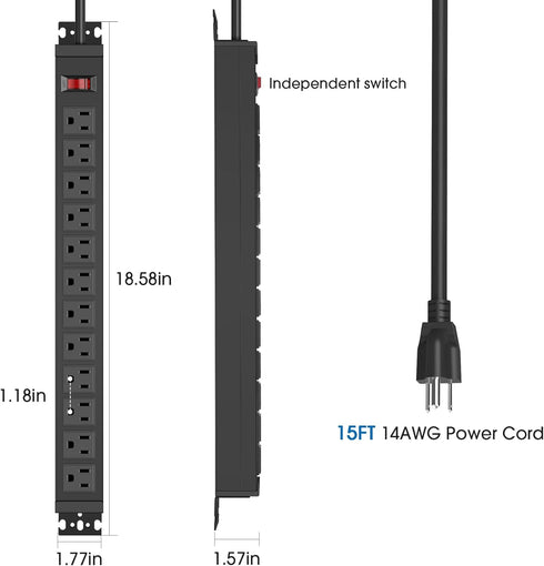 HHSOET 12 Outlet Rotating Power Strip - Wall Mount Surge Protector, 15ft Cord, Black