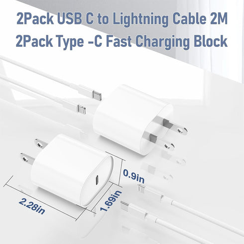 MFi Certified Fast Charger for iPhone 14/13/12 Pro, 20W USB C Rapid Charger Block & 6FT Lightning Cable - 2 Pack