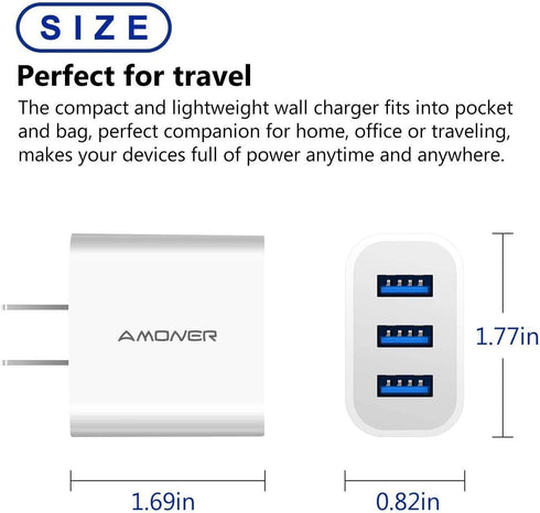 Amoner USB Wall Charger, 2-Pack Upgraded 15W 3-Port USB Charging Blocks, iPhone Plug Adapter Wall Charger Cube for