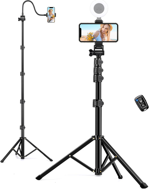 Phone Tripod, 81" Tall with Remote, Gooseneck Stand and Phone Holder, Selfie Stick Tripod for iPhone 15 14 13 Pro,