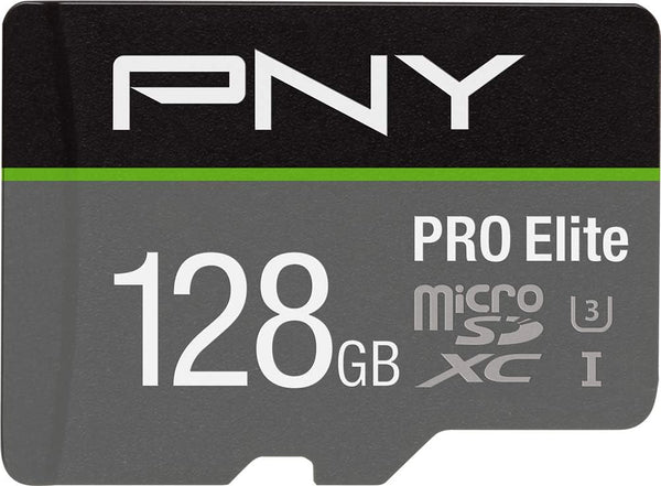 128GB PRO Elite Class 10 U3 V30 microSDXC Flash Memory Card - PNY, 100MB/s, 4K UHD