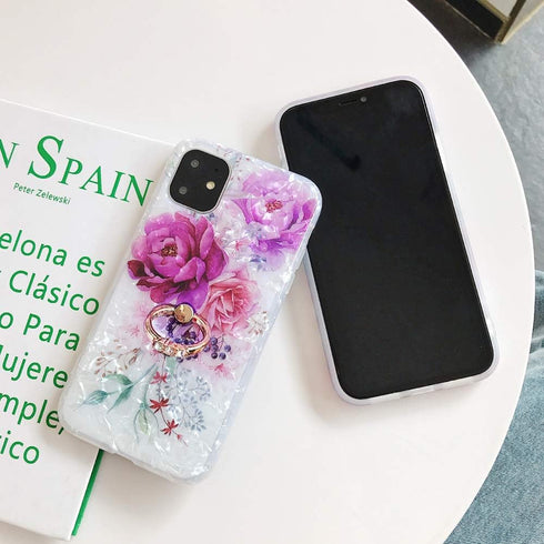 Qokey iPhone 11 Pro Case, 5.8 inch, Floral Cute Design with 360 Degree Rotating Ring Kickstand, Mauve Flower