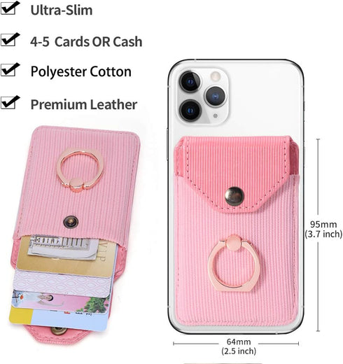 Card Holder & Ring Stand for Smartphones, Stick-on Wallet for iPhone & Android, Adhesive Credit Card Sleeve