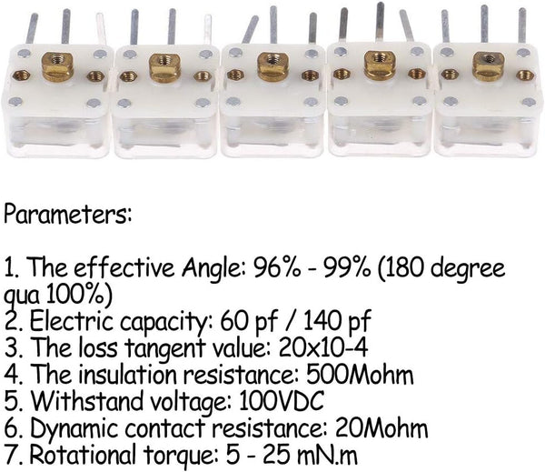 Acxico 5Pcs 223p Duplex Radio Variable Capacitor - 60pf/140pf 2.1mm Hole Shaft for Pocket Radio Accessories