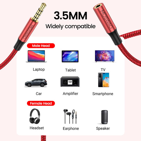 MOSWAG 3.5mm Male to Female Extension Cable with Microphone Stereo Audio Adapter Nylon Braided Compatible for Home/Car Stereos Smartphones Headphones Tablets Media Players and More