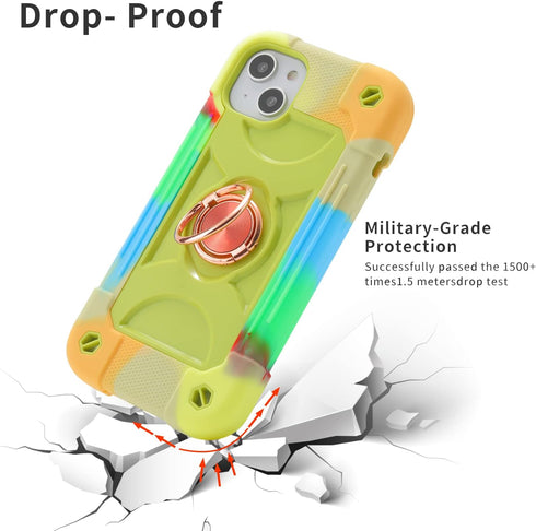 Heavy-Duty Shockproof Case for iPhone 14 Plus 6.7 Inch, with Ring Stand, 2 Pack Glass Screen Protector, Rainbow Green