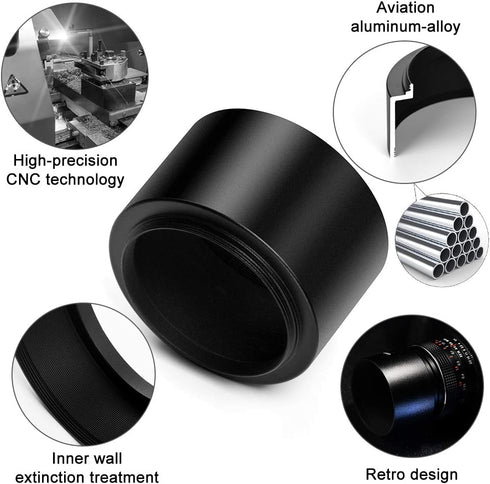 58mm Tele Metal Screw-in Lens Hood Sunshade with Centre Pinch Lens Cap for Canon Nikon Sony Pentax Olympus Fuji Sumsung Leica Camera + Cleaning Cloth