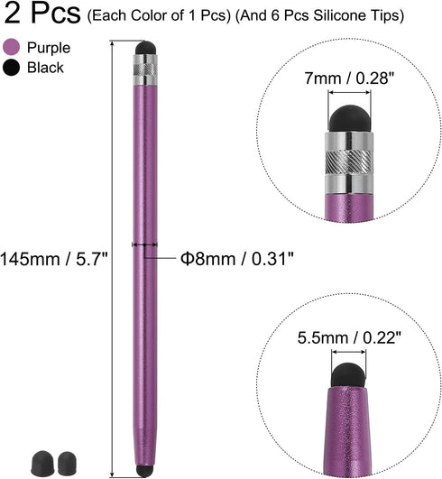 MECCANIXITY 2pcs Stylus Pens for Touch Screens with 6 Extra Tips Dual Rubber Tips Capacitive Stylus Universal Tablet Pen Sensitivity Precision, Black Purple