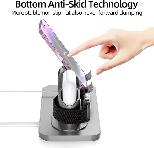 180° Rotation Phone Charger Stand Holder, 3in1 Charger Dock for Apple iWatch/AirPods/iPad and Most Smartphones (Gray)