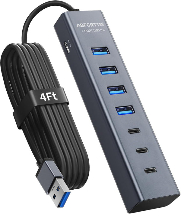 ABFCRTTW 4Ft 7-Port USB Hub 3.0 for Desktop, 4 USB-A & 3 USB-C