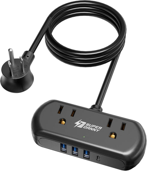 2Ft Extension Cord, SUPERDANNY Mini Surge Protector with 2 Wide-Spaced Outlets, USB Power Strip