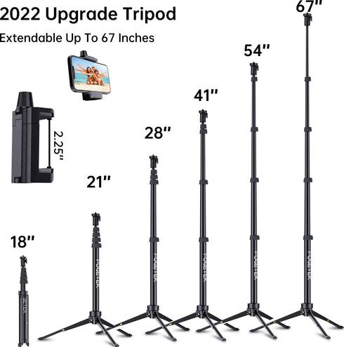 Fugetek 67" Professional Cell Phone Tripod, Portable All in One, Bluetooth Remote, Phone Holder, Compatible with iPhone
