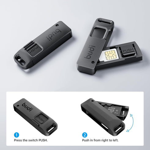 BUDI Multifunctional Compact Cable Card Travel Portable Aluminum Storage Case with Sim Card Tray Pin Eject Removal Tool