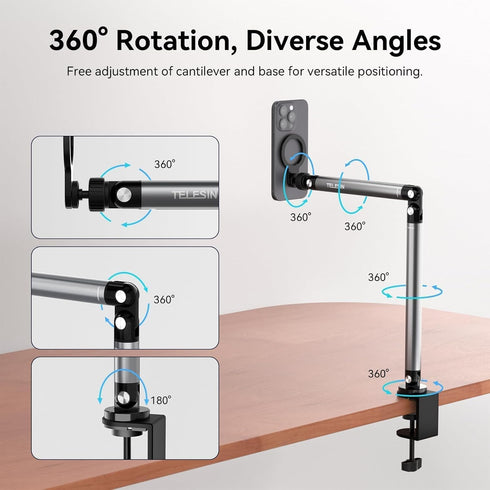 Phone Holder for Desk with Strong Magnetic Design, Tablet Stand Holder with Long Arm, 360° Freely Adjustable Rotation