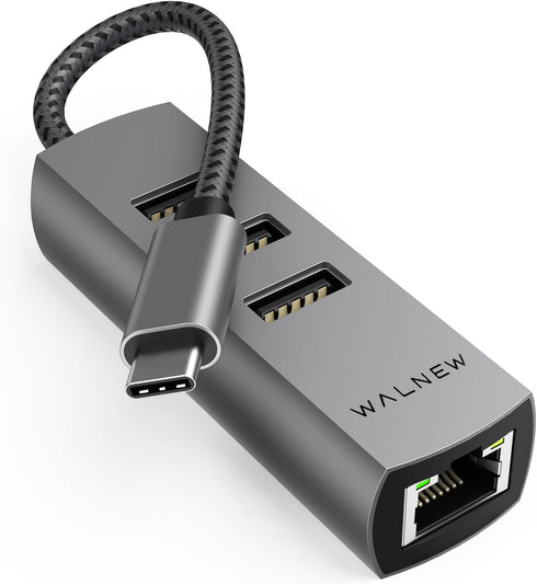 WALNEW USB-C to Ethernet Adapter, 4 in 1 USB C Hub with LAN RJ45, Aluminum Gigabit Network Cable Converter for PC