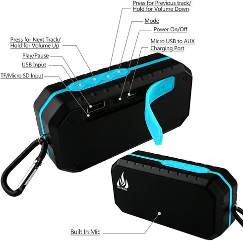 Portable Bluetooth Speaker, IP65 Waterproof Wireless Speaker, Bluetooth 5.0, Built-in Mic, Support Micro SD/TF Card.