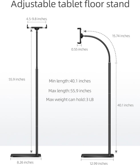 LanPavilion (4.7''-13''), iPad Stand, Adjustable Tablet Floor Stand Metal Tablet Holder with Flexible Gooseneck