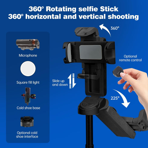 HYTAMY 360Rotation Phone Tripod, Selfie Stick Tripod for iPhone/Android with Remote & Light, Extendable Cell Phone