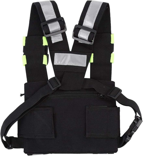 Radio Chest Harness Rig Holster Pack, Front Pouches Zipper Bag with Green Reflective Strips for Walkie Talkies