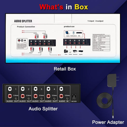 FlyroadUp 3.5mm 1 4 Aux + RCA L/R Audio Splitter in Out Stereo Analog Audio Distributor Box
