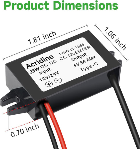 Acridine 12V/24V 5V 5A 25W Adapter(1-Pack) DC to USB-C Step Down Converter Buck Module