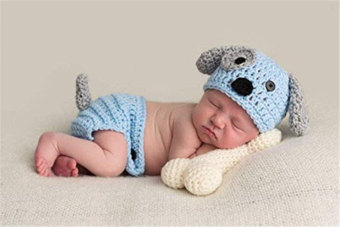 Newborn Baby Girl Boy Photo Props, Crochet Knitted Blue Dog Hat & Shorts Set for Photography Shoot (0-6 Months)