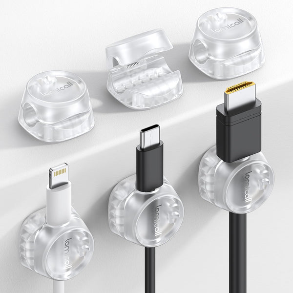 6Pack Cord Organizer, Clear - Spring Cable Holder Clips for Desk Cord Management, Adhesive Wire Keeper