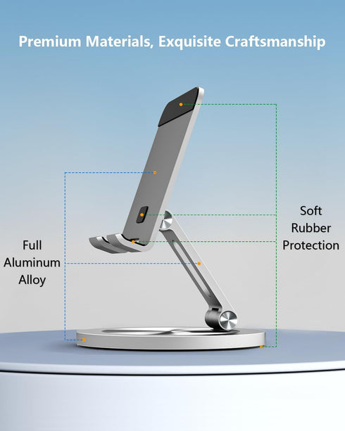YCNEW 360 4-8" Phone Stand for Desk, Rotating Dual Adjustable Foldable Holder, Heavy Solid All-Aluminum Base Anti-Slip