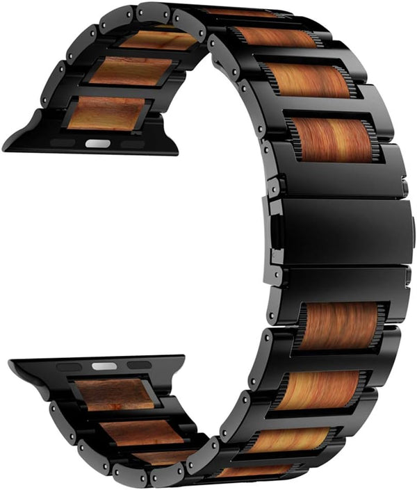 iiteeology Apple Watch Band - Natural Wooden Steel Link Bracelet for iWatch Ultra 2/Ultra/Series 1-10 42mm 41mm 40mm