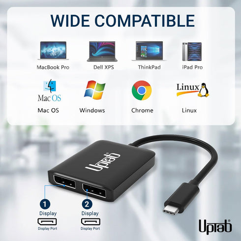 uptab USB C to DisplayPort Dual Monitor Adapter Hub - Dual 4K 60Hz Multi Monitors Splitter for Windows PC and macOS