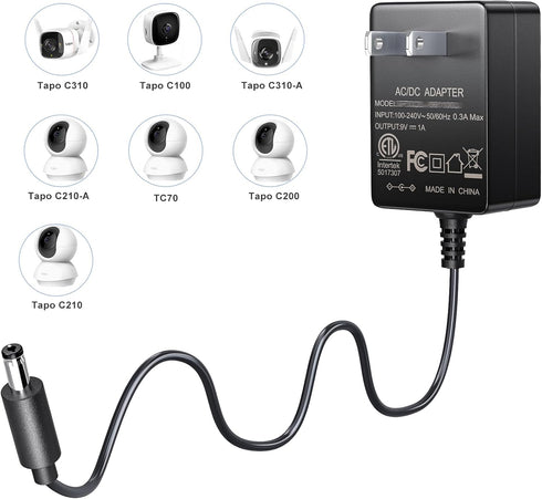 SoulBay 9V Power Supply for TP-Link Tapo Camera C100 C200 C210 C310 C320WS C100/A TC70 CCTV Smart Security Camera AC/DC Adapter Cord T090060-2B1 Replacement Charger, 6 Feet