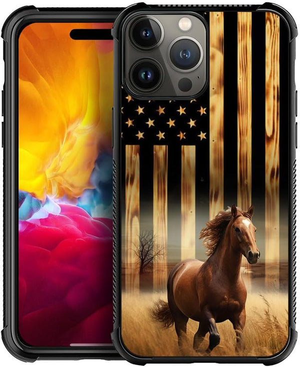 DJSOK iPhone 15 Pro Case: Classic Wood Grain American Flag Horse, Dual Layer Shockproof Rugged Cover for Men, Boys,
