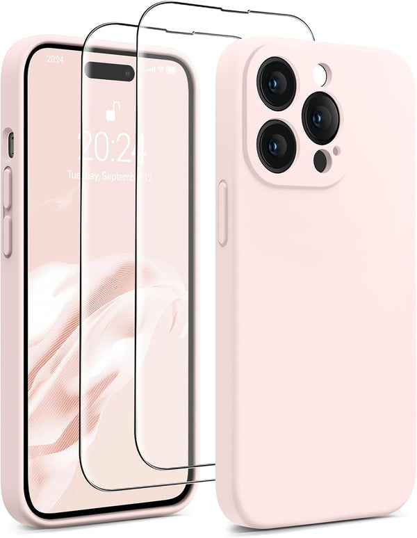 AOTESIER iPhone 14 Pro Case, Chalk Pink, Upgraded Silicone, Stronger Camera Protection, 2 Screen Protectors, 6.1"