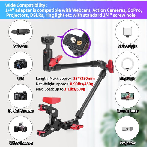Super Camera Clamp Mount with Adjustable Magic Arm 22in, Articulating Arm with Dual Ball Head Adapter 1/4" Thread for