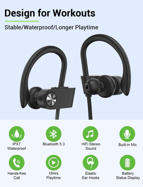 Stiive Bluetooth Headphones, 5.3 Wireless Sports Earbuds IPX7 Waterproof with Mic, Stereo Sweatproof, 16 Hours Playtime